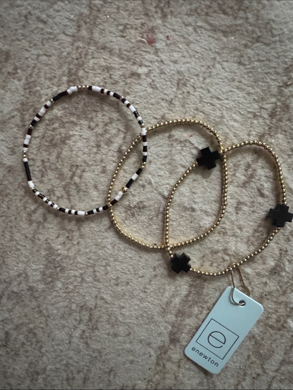 Newton Black, White & Gold Beaded Cross Stretch Bracelet Set